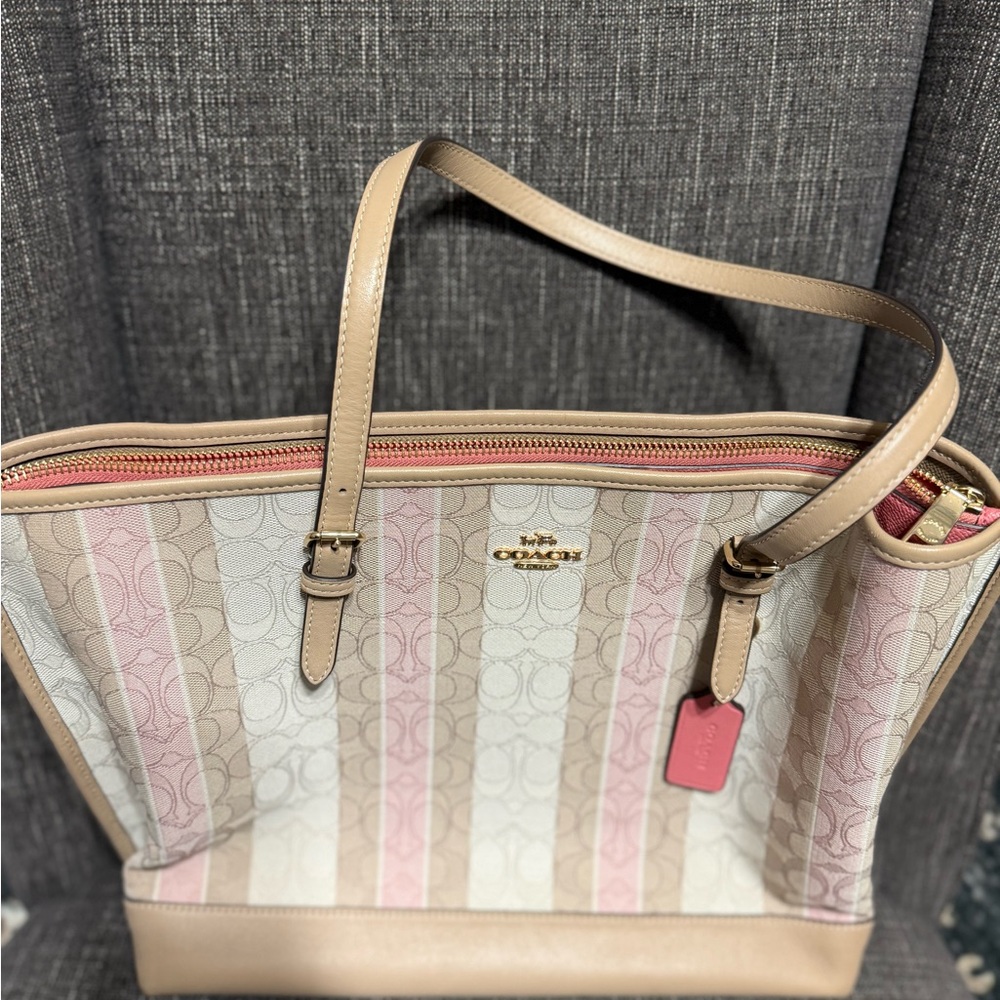 Large Coach Pink and Tan Striped Tote